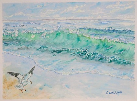 aquarelle, plage et vagues.
