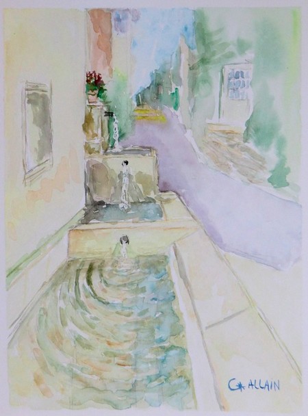 aquarelle, fontaine.