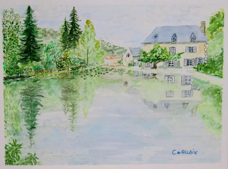 aquarelle, maison et lac.