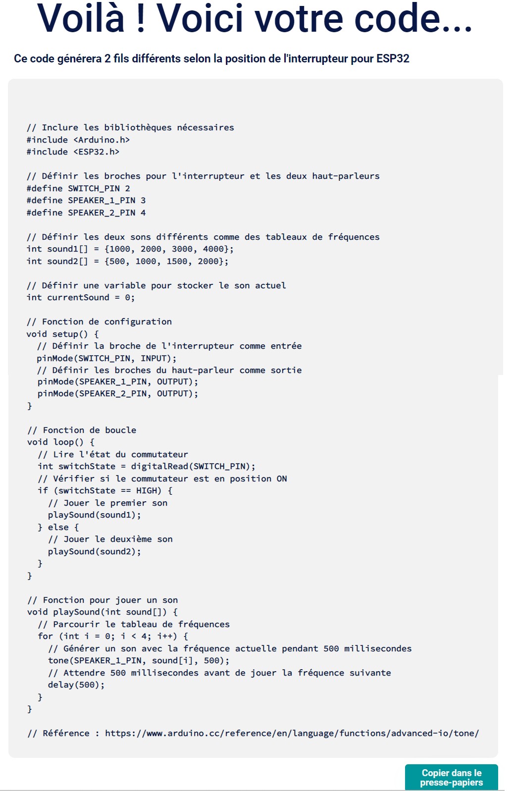 Code 2 sons pour ESP32 avec Duino Code Generator